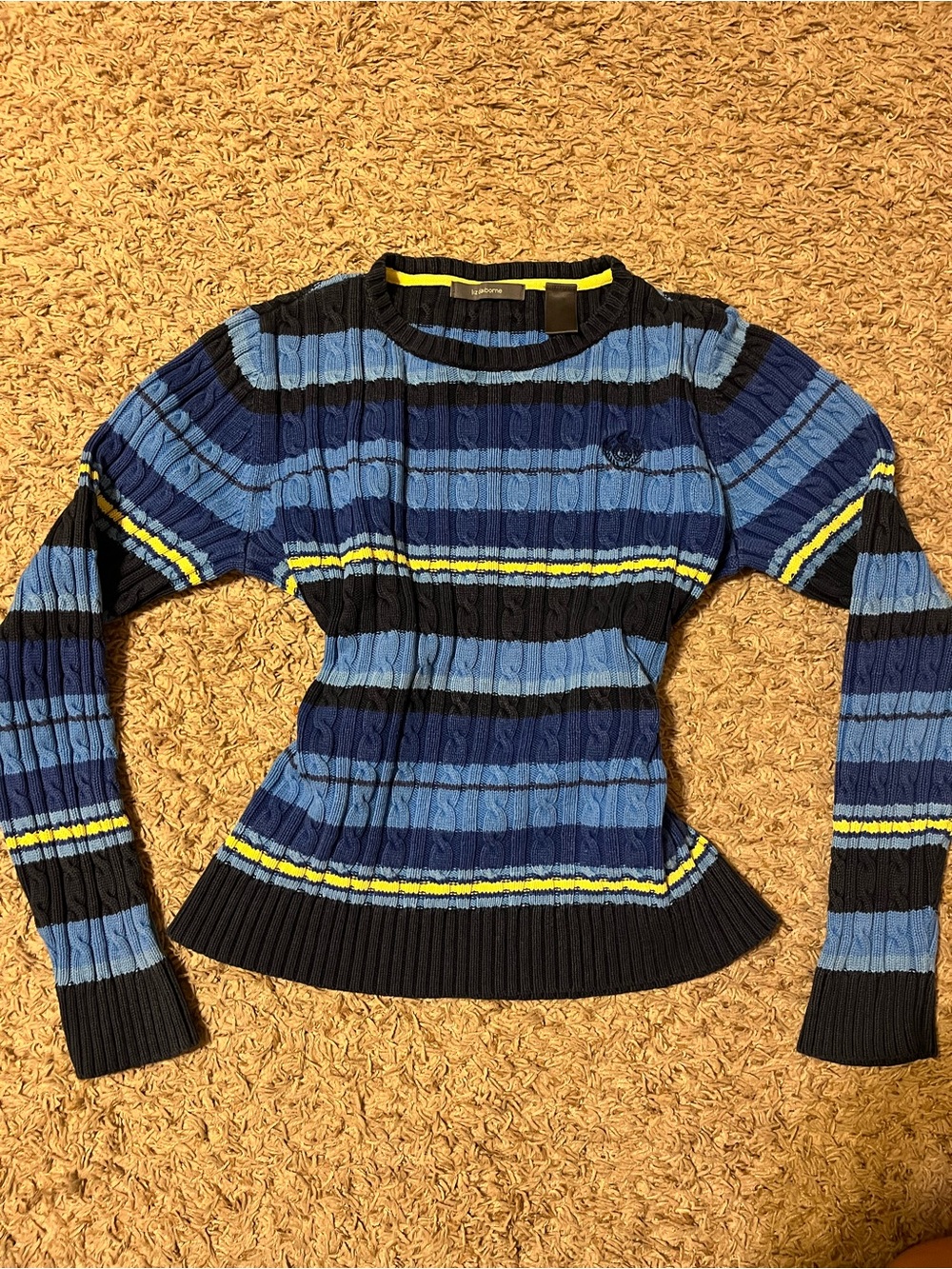 Liz Claiborne Navy, Light Blue & Yellow Striped Cable Knit Sweater